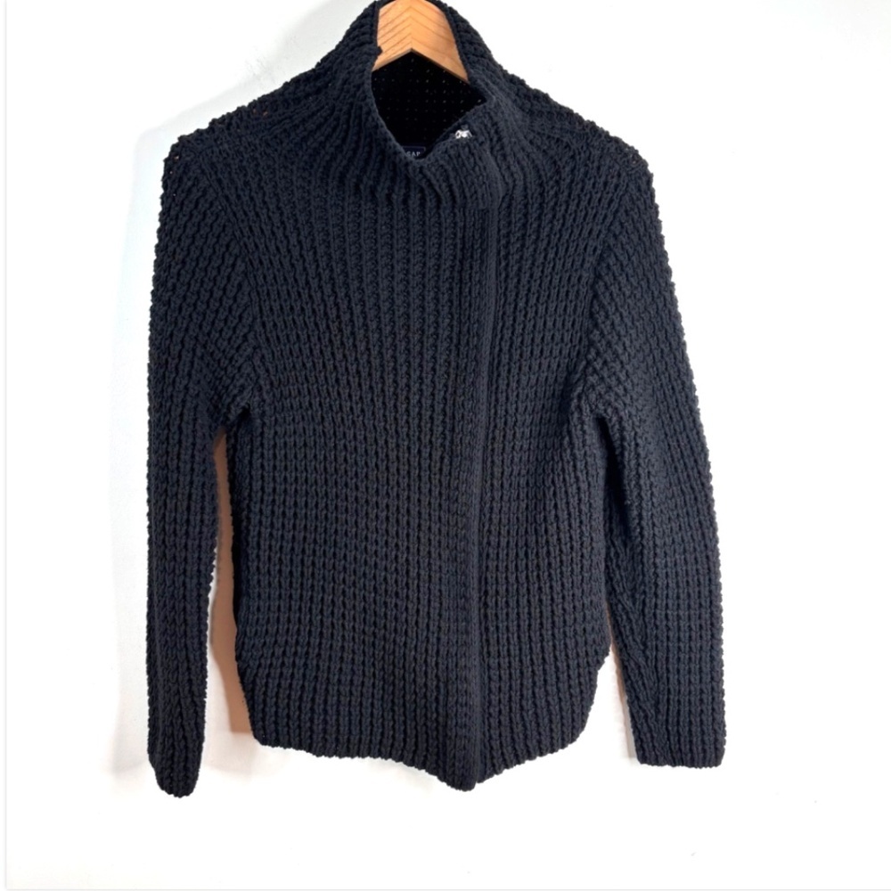 VTG Y2K Gap Chunky Cardigan L Black Mock Neck Asymmetric Zip Minimalist Normcore